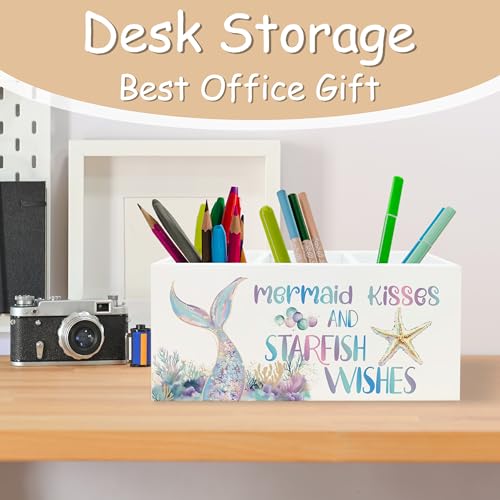 Pastel Mermaid Beach Pen Pencil Holder Organizer for Desk, Mermaid Gifts for Girls Women, Coastal Ocean Starfish Coral Wooden Box Block Sign for Home Classroom Dorm Office Tabletop Decor - color: Mermaid