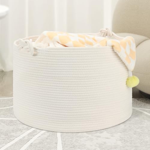 Large Blanket Basket (20"x13"), Woven Storage Basket for Dirty Clothes, Laundry, Living Room, Nursery, Bedroom - White - color: White