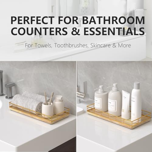Toilet Paper Basket Organizer – Oak Wood Toilet Tank Tray with Metal Frame, Bathroom Counter Top Storage for Toilet Paper, Wipes & Decor, Modern Narrow Back of Tank Shelf Organizer, Gold & Nature Oak - color: Gold & Oak, size: 13" x 6.5" x 2"