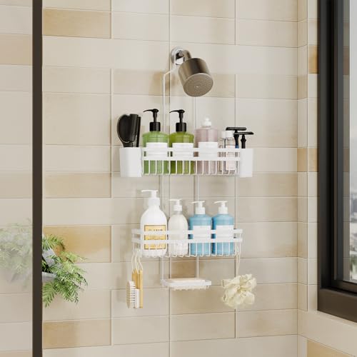 Shower Caddy Hanging for Bathroom Organizers and Storage, 3 Tier Adjustable Anti-Swing Shower Organizer hanging with Heavy-Duty Suction Cups, Damage-Free Rustproof (White) - color: WHITE, size: regular