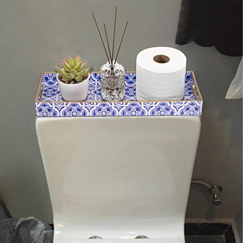 MAONAME Blue Decorative Tray, Plastic Serving Tray with Handles, Rectangular Moroccan Trays, Long Narrow Trays for Bathroom, Kitchen Counter, 13.8" X 6" X 1.57" - color: Blue-moroccan