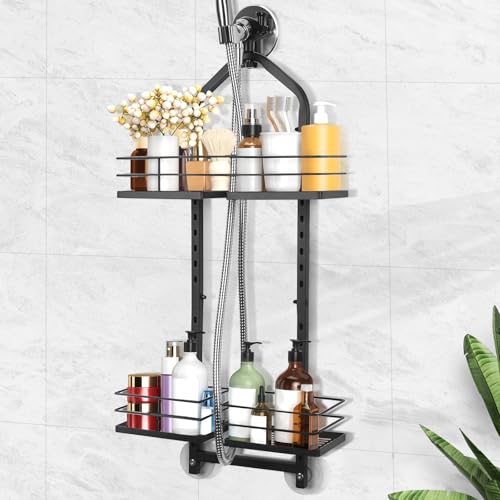 Shower Caddy Hanging for Handheld Showerheads Adjustable Height Extra Long Bathroom Storage Organizer Hanger Rack Rustproof Hose Shower Organizer 4 Levels Height Shower Rack（black - color: black, size: 4 grids