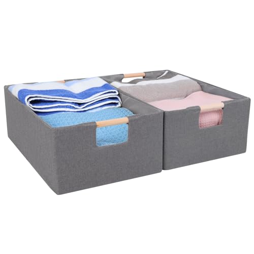 ANMINY 2PCS Storage Baskets for Organizing Collapsible Fabric Storage Bins Boxes with Wood Handles Closet Shelves Cube Organizer Bins Clothes Laundry Storage Container - Small, Gray - color: Gray, size: Small (Pack of 2)