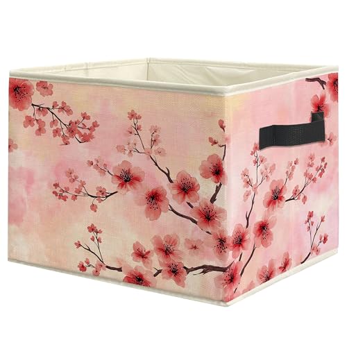 Pastel Pink Cherry Blossom Storage Bin Box with Handles, Aesthetic Pink Oriental Cherry Flower Foldable Linen Fabric Laundry Basket for Home Bedroom Bathroom Clothes Toys Books - color: Floral-I