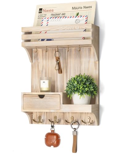 Rebee Vision Decorative Key Holder Wall Mount with Mini Drawer Organizer - Farmhouse Key Holder for Wall with Mail Organizer & 9 Key Hooks - Ideal Room Decor Aesthetic (Natural Wood) - color: Natural Wood, style: Small Drawer