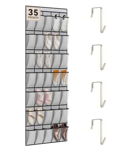 dodowin Over the Door Shoe Organizer Rack, 35 Large Breathable Mesh Pockets, Foldable Hanging Storage Holder for Closet Door, Space Saving Shoe & Accessory Organizer with 4 Metal Hooks, Gray - color: Gray, size: 35 Pockets