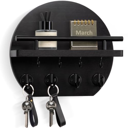 Nekon Key Holder for Wall - 9.8 Inch Apartment Wall Decor with Shelf and 8 Key Hooks, Circular Wood Key Hanger for Home Decor (Black) - color: Black