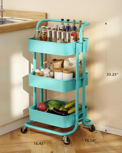 Pipishell 3 Tier Mesh Utility Cart, Rolling Metal Organization Cart with Handle and Lockable Wheels, Multifunctional Storage Shelves for Kitchen Living Room Office Turquoise - color: Turquoise, size: 3-Tier