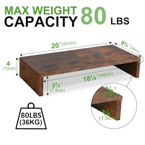 TEAMIX 2 Pack Monitor Stand Riser-20 inch, Wooden Tabletop Shelf for TV/PC/Laptop/Printer, Rustic Brown Monitor Riser with Storage, Computer Stand Ergonomic Design - color: Brown, size: 2 Pack-20 inch