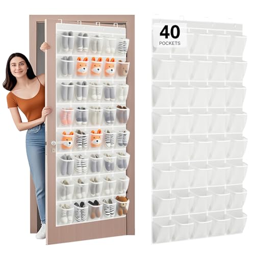 40-Pocket Over the Door Shoe Organizer - Large Mesh Pocket Hanging Shoe Rack for Door, Shoes Storage Holder Sturdy Non-woven Fabric - Stores 20 Pairs (White02) - color: White02