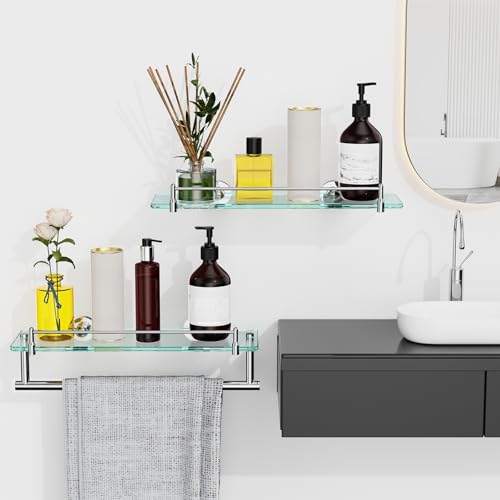 Glass Bathroom Shelves,Chrome Polished Floating Shelves for Wall Rectangular Modern Stainless Steel Glass Shelf for Bathroom Shelves Wall Mounted 16 Inch - color: Chrome Polished, size: 16"with railing