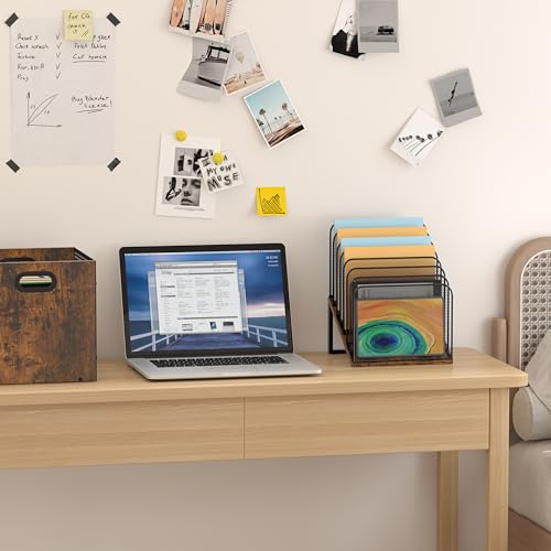 Piskyet Wooden Desk File Organizer, 7-Section Vertical File Folder Holder Stand,Metal Mail Paper Chromebook Organizer for Teacher Desk Office Classroom Desktop Organization（Inclined） - size: 7-Section Inclined