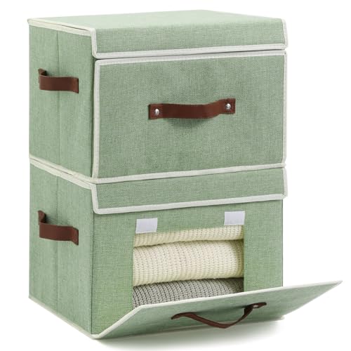 2PCS Storage Bins Box with Lids Front Opening Window Decorative Cotton Linen Fabric Basket PU Leather Handles PP Board Foldable Washable Shelf Closet Organizer Container (Light Green, Large) - color: Light Green, size: Large ( Pack of 2 )