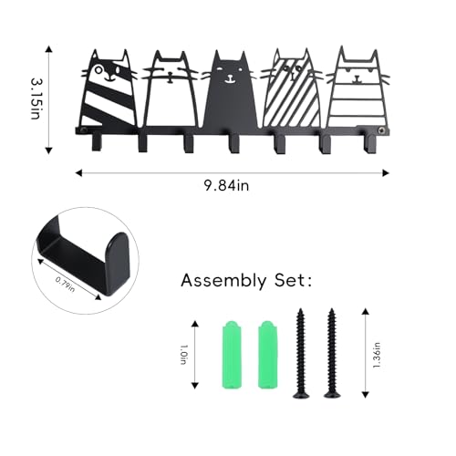 Key Holder Wall Mounted with Screws and Anchors, Black Multifunctional Key Hanger with 7 Hooks, Entryway Front Door Kitchen Hallway Garage Office - color: 5 Cats Black