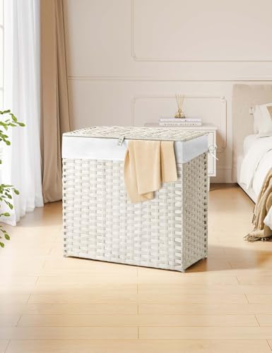 Greenstell Laundry Hamper with Lid, 125L Laundry Basket with 2 Removable Liner Bags & 2 Mesh Bags, Handwoven Synthetic Rattan Clothes Hamper for Clothes, Toys in Bathroom, Bedroom, Foldable, White - color: White, size: 125L (25.6 x 13.0 x 23.6 inches)