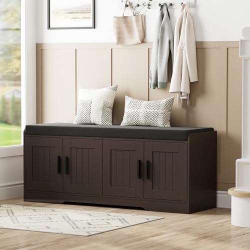 Homleke 2-Tier Storage Bench, Shoe Bench with Thickened Padded Seat Cushion, Entryway Bench with 4 Doors, Adjustable Shelf, 13.8" D x 45.3" W x 18.5" H, for Entryway, Living Room, Bedroom, Brown - color: Brown, size: 45.3"