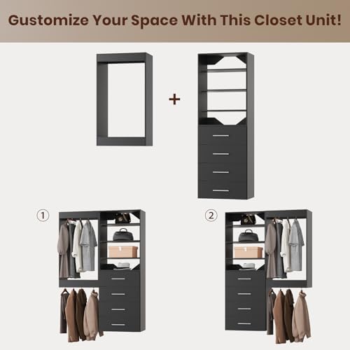 ROOMTEC Modular Closet System, 40" Wall-Mounted Closet Organizer with Drawers and Hanging Rods, Wooden Tower for Walk-In Closets, Wardrobe Storage Kit, Black - size: 40" Wide, style: Model 4