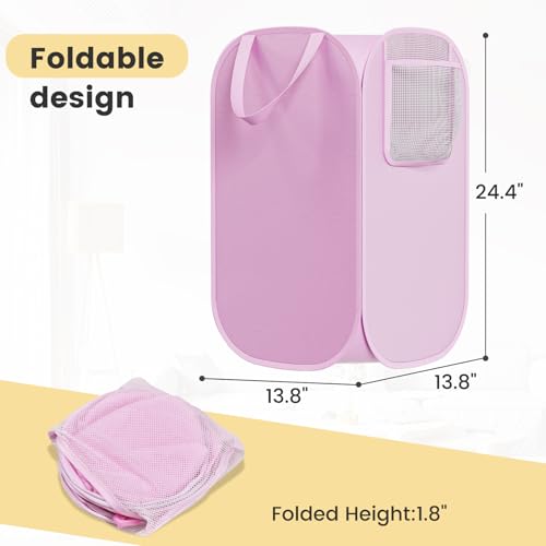 Polyester Strong Mesh Pop-up Laundry Hamper, Quality Pop Up Hampers for Laundry with Durable Handles Solid Bottom High Carbon Steel Frame, Easy to Open and Fold Flat for Storage(Light Pink) - color: pink, size: 1-Pack