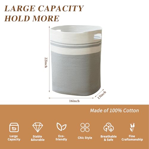 Casaphoria Woven Rope Laundry Hamper, Bin for Living Room, Storage Basket, Blanket Container, Dirty Clothes Hamper 16x13x22in - Light Gray - color: Light Gray