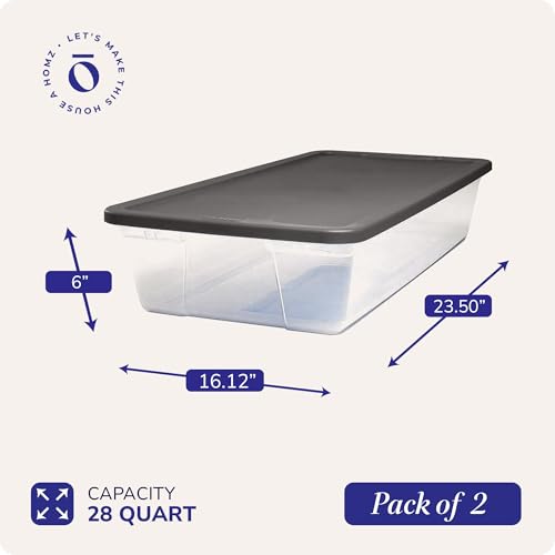 HOMZ 2-Pack Snaplock, Small Clear Plastic Storage Organizer Bins w/ Lids, 28 Quart, Gray - Stackable Container Boxes for Bedroom, Bathroom, Garage, and Office Organization - color: Gray Lid, size: 28 QT (2 Pack)