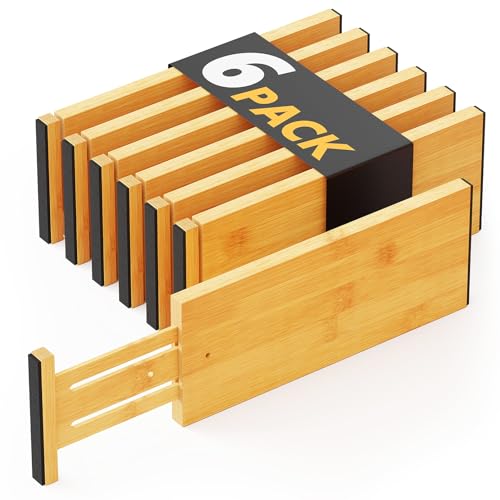 SpaceAid Bamboo Dresser Drawer Dividers 6 Pack, 4.65“ High Adjustable 12.5“-17” Drawer Organizers, Expandable Organization for Clothing, Clothes, Dressers, Natural - color: NATURAL, size: 4.65''H, 12.5''-17''L