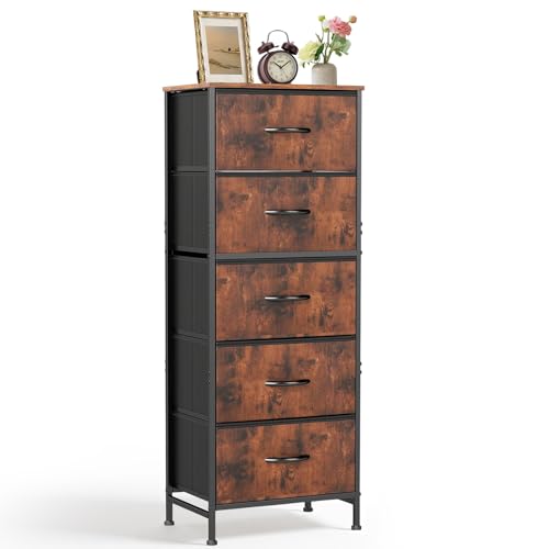 Nightstand, 5 Drawer Dresser End Table Bedside Furniture with Wooden Top Steel Frame Fabric Bins for Bedroom, Closet, Entryway, Dorm, Living Room, Brown - color: Brown, size: 11.8"D x 15.8"W x 47.8"H (5 Drawers)