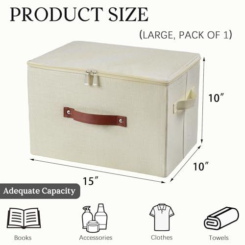 Storage Bins with Zipper Lid Foldable Fabric Lidded Storage Boxes Baskets Cubes Washable Collapsible PU Leather Handle Cotton Linen Fabric Shelf Closet Organizer Container(Beige, Large Size) - color: Beige, size: Large ( Set of 1 )