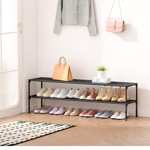 HITHIM 2 Tier Long Shoe Rack for Closet, Screw Fastened Plastic Connector Shoe Storage Organizer, Non-Woven Fabric Metal Shoe Shelf, Holds 18-21 Pairs for Front Door Entrance, 48.5"x12.1"x17.8"