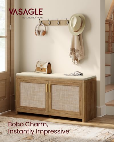 VASAGLE ELLAN Collection - Boho Shoe Bench with Cushion, Entryway Storage Bench with 2 Rattan-Look Cabinet Doors, Rounded Corners, Adjustable Shelf, for Bedroom Under Window, Natural Brown ULSB501KC01 - color: Natural Brown, size: 13.8"D x 39.4"W x 20.9"H
