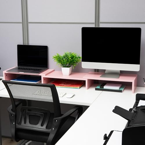 Mind Reader Dual Monitor Stand, Desktop Organizer, Laptop Riser, Office, MDF, 51.25"L x 9.25"W x 4.75"H, Pink - color: Pink
