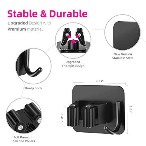 4 Pack Anti-Slip Broom Holder, Space-Saving, Damage-Free Wall Mount, Stainless Steel, Black
