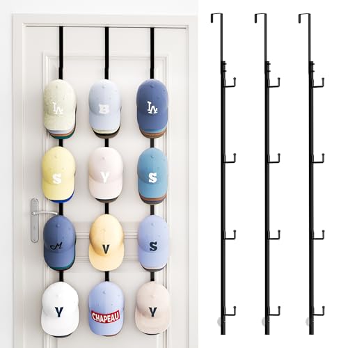 SWTYMIKI Over Door Hat Rack - 3 Packs Metal Hanging Hat Organizer with 12 Hooks Design, Baseball Cap Hanger Organizer Storage Holds up to 60 Caps for Door, Bedroom, Closet - color: black, size: 3 Pack