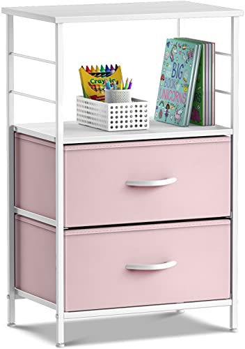Sorbus 2 Drawer Shelf Storage Nightstand - Kids Bedside Furniture End Table Night Stand with Steel Frame Wood Top & Easy Pull Fabric Bins, Dresser & Chest for Home Bedroom Accessories Office & College - color: Pink, style: 2 Drawer