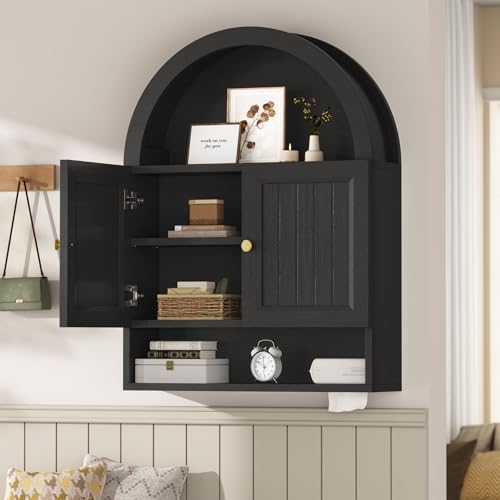 UPOSOJA Arched Bathroom Wall Cabinet, 27.4 x 36.4'' Over The Toilet Cabinet with Grille Door, Adjustable Shelf, Wall Mounted Cabinets for Bathroom Laundry Room Kitchen (Black, 36IN) - color: Black, size: 36IN