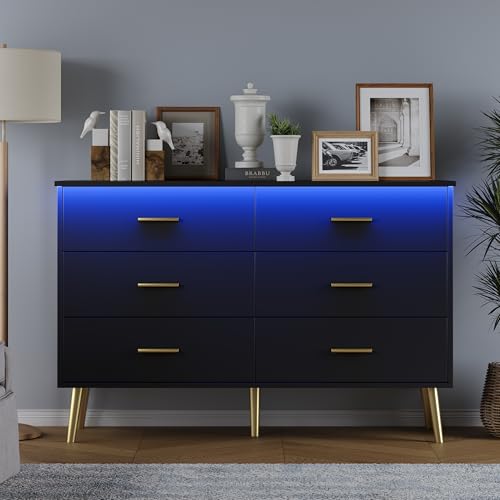 Black Dresser for Bedroom, Dressers & Chests of Drawers for Clothes Storage, Wood Dresser for Closet with 6 Drawers, Wide Long Clothes Organizer with LED Light for Hallway, Entryway, Metal Handles - color: Black