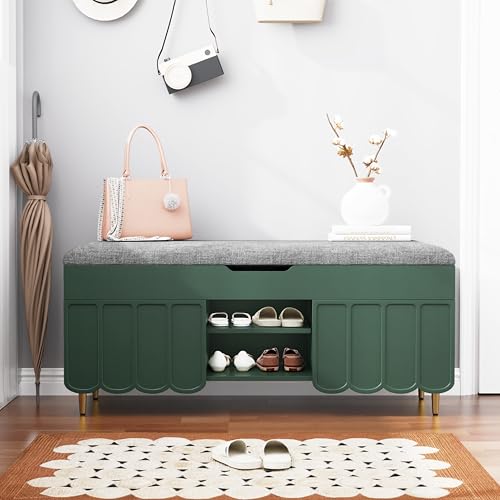 3More 40" Entryway Shoe Storage Bench,Upholstered Hidden Space Beneath Seat Cushion Bench,2-Tier Unique Geometric Shape with Wood Grain,Green - color: Green