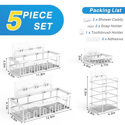 EUDELE 5-Pack Rustproof Stainless Steel Shower Caddy Set– No Drill Adhesive Bathroom Organizer, Space-Saving Shower Shelves for Apartment Essentials, Bathroom/Kitchen Storage Home Decor-L Size - color: White-5pcs