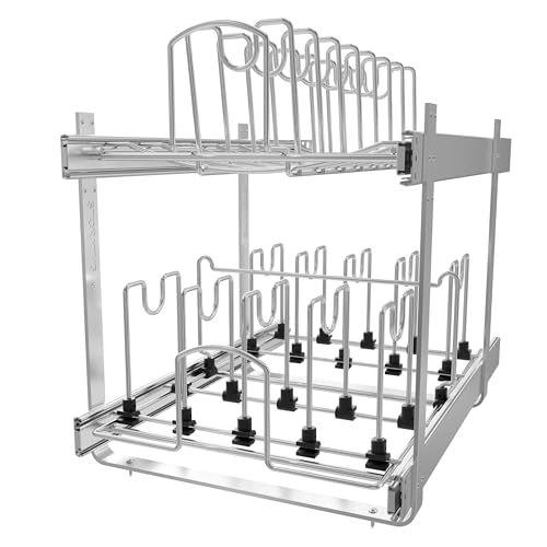 2-Tier Kitchen Pull out Cabinet Organizer for Pots, Pans, and Lid Cookware, Adjustable Heavy Duty Wire Pan and Pot Rack, Full-Extension Rail 15" W *22" D - size: 15W*22D