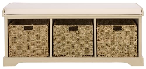 SAFAVIEH Home Collection – Lonan Sand Storage Bench with Seat Cushion, 3 Basket Drawers, Coastal Farmhouse Entryway Design (AMH5733G) - color: Sand