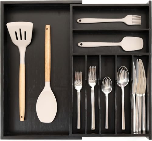 KitchenEdge Premium Silverware, Flatware and Utensil Organizer for Kitchen Drawers, Food-Safe Contract Grade, Expandable from 10.5 to 19 In, Black Bamboo - color: Black Bamboo, size: From 10.5" to 19" wide