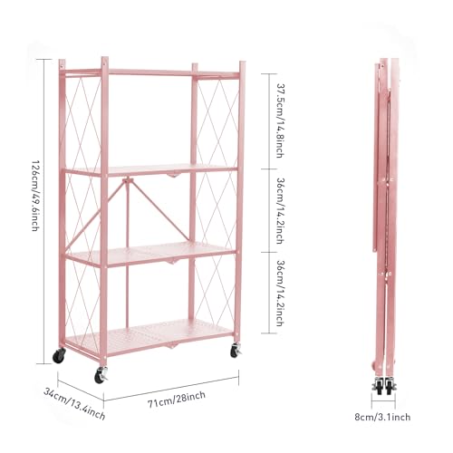 BRIAN & DANY 4-Tier Foldable Storage Shelves with Wheels, Folding Metal Rack Shelving Unit, Heavy Duty No Assembly Organizer Shelf for Garage, Kitchen, Basement, Pantry, Pink - color: Pink, size: 4-tier