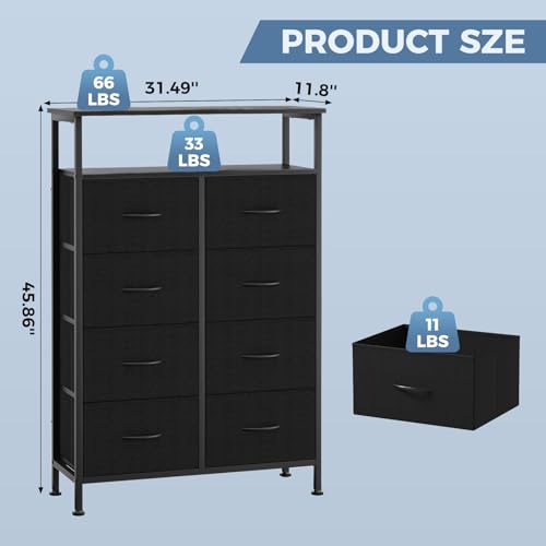 DUMOS Fabric Dresser for Bedroom with 8 Drawers, Tall 8-Drawer Chest of Drawers with Raised Shelf, Storage Tower with Fabric Bins for Closet Organization, Hallway Storage, Ink - color: Ink, size: 31.5"D x 45.9"W x 11.8"H (8 Drawers)