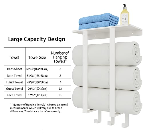 Towel Racks for Bathroom White, Bathroom Towel Rack with Shelf and 3 Hooks Wall Mounted, Towel Storage Rack for Small Bathroom - color: White, size: Square Tube
