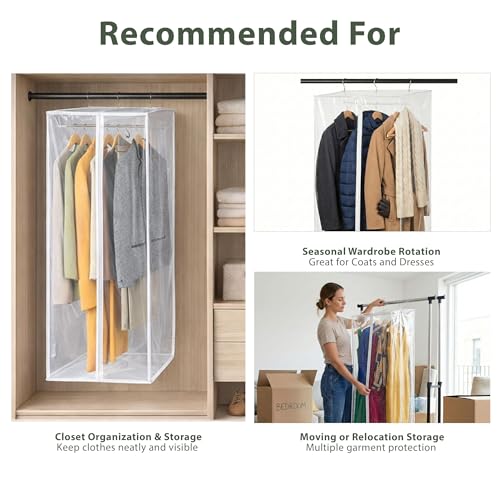 Clear Garment Bag, 42" Hanging Zippered Closet Organizer with Metal Frame – Protects Dresses, Suits & Jackets from Dust and Moisture - size: 42" Long