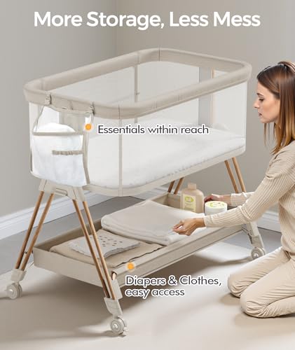 Fodoss Baby Bassinets Bedside Sleeper - 3-in-1 Baby Bassinet with Wheels, Soft Mattress, Storage Tray, Full-Mesh Sides, 7-Height Adjustable Crib for Newborns - color: Beige Tweed+wood Grain