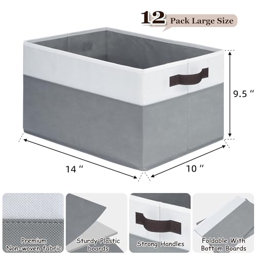 Criusia 12 Pack Large Storage Baskets for Shelves | Fabric Closet Organizers and Storage Bins with Handles for Home Organization | Decorative Collapsible Basket for Organizing Clothes Toy Nursery - color: White with Grey, size: 12pcs - Rectangular 14"x10"