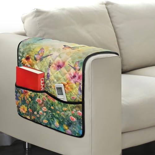 Butterfly Daisy Print Armrest Covers for Sofa Couch with 2 Side Pockets Stain Resistant Recliner Arm Protector for Dogs Cats Pet Comfortable Furniture Protector - color: Butterfly Daisy