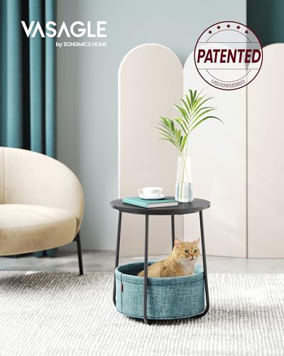 VASAGLE LILEA Collection - Small Round Side End Table, Modern Nightstand with Fabric Basket, Ebony Black and Turquoise Blue ULET223B56 - color: Ebony Black + Turquoise Blue, size: Round + 1 pack