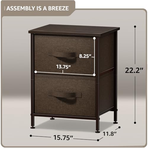 Sorbus Nightstand with 2 Drawers - Bedside Furniture End Table Night Stand with Steel Frame, Wood Top & Easy Pull Fabric Bins - Small Dresser & Chest for Home, Bedroom Accessories & Office - color: Brown, style: 2 Drawer