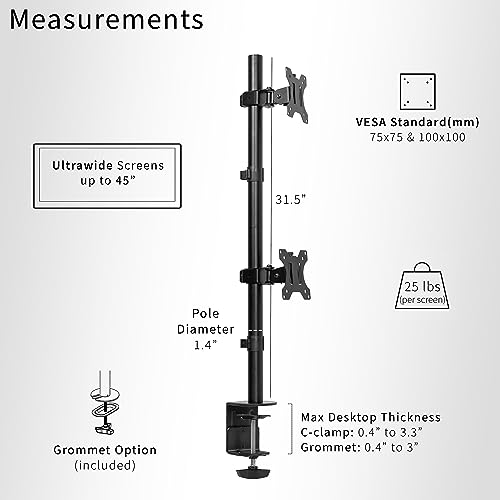 VIVO Dual Vertically Stacked Ultra-Wide Monitor Desk Mount, Extra Tall Heavy Duty Adjustable Stand for 2 Ultrawide Screens up to 45 inches, 25 lbs Per Screen Capacity, Black, STAND-V200R - color: Black, size: up to 45" screens